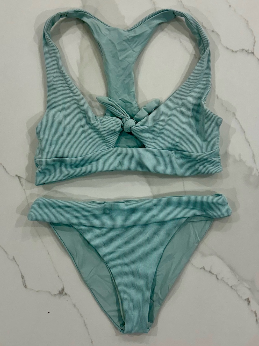 l*space Seafoam Ribbed Knot-Front Racerback Bikini Set